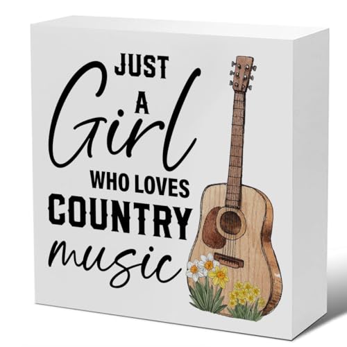 Western Just a Girl Who Loves Country Music Wood Sign Farmhouse Western Decorations for Desk Table Shelf Wall, 5 x 5 Inches