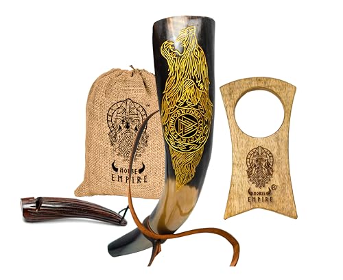 NORSE EMPIRE Viking Rustic Blowing Horn Set with Wooden Stand & Whistle Authentic Tribal-Style Decor...