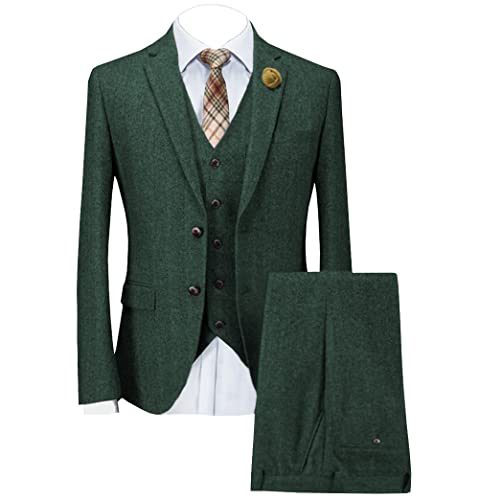 Mens Tweed Herringbone Suit Vintage Tailored Modern Fit Suit 3 Pieces Vent Tuxedos(34,Green) #TOP19