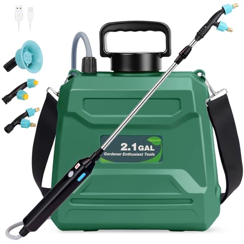 JIUYUDS 2.1 Gallon Battery Powered Garden Sprayer, USB Rechargeable Backpack Sprayer with 3 Adjustable Nozzles, Telescoping Wand, Ergonomic Strap for Lawn and Garden Pump Sprayer