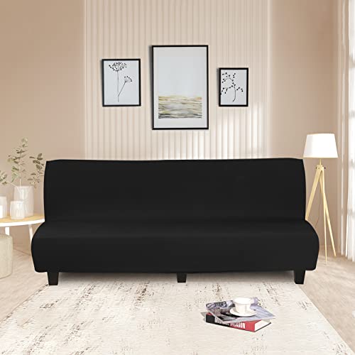 Figooo Armless Futon Cover Stretch Armless Sofa Slipcover Spandex Elastic Universal Armless Sofa Bed Couch Cover Furniture Protector Without Armrests Armless Loveseat Slipcover For Dog Cat,Black #TOP2