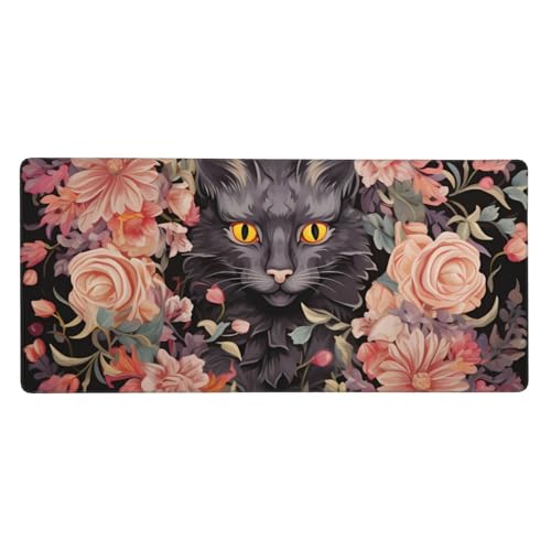 Tapis de souris de jeu antidérapant XXL bords cousus grand tapis long motif fleurs de chat