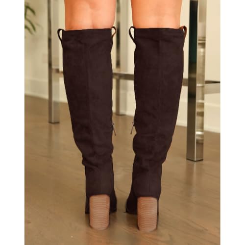 Erocalli Suede Knee-High Boots Fall Boot For Women Chunky Block High Heel Slouch Fashion Boot Round Toe Side Zipper