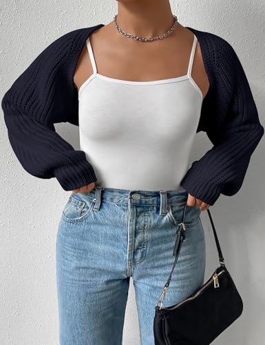 Image of Plus Size Women's Long Sleeve Open Front Crop Cardigan Drop Shoulder Shrug Oversized Ribbed Knit Bolero Sweater