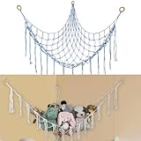 Hanging Toy Storage Net, Cotton Rope Hammock with Wooden Rings, Wall-Mounted Organizer for Stuffed Animals, Triangle Design (Blue)