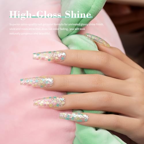 RARJSM Glitter Gel Nail Polish Pink Yellow Green Patel Spring Summer Color Big Flakes Gel Polish Sparkly Chunky Clear Shimmer Pigments Soak off Led UV Curing Required for Home Salon Manicure 15ml