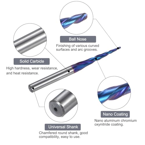 Image of uxcell Tapered Ball Nose End Mill CNC Router Bit, 1 /32 inch Radius 1 /4 inch Shank Solid Carbide Nano Coated Upcut Spiral 3 Flutes Cutter Milling Tool, 1 /16 inch Dia 3 inch Total Length
