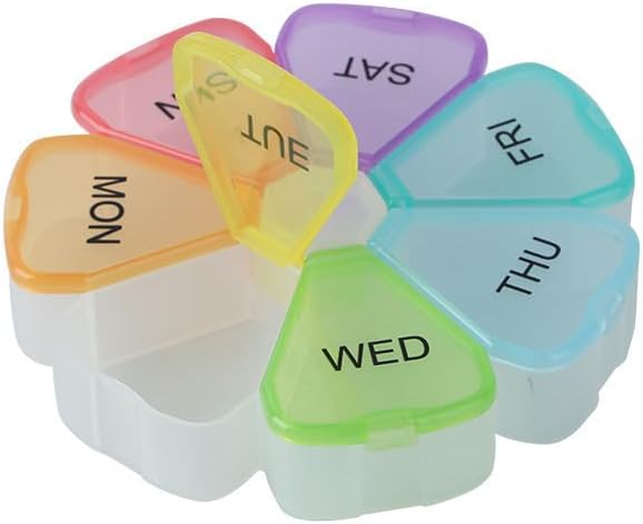 7 Day Pill Organizer, Circular Portable Pill Case with 7 Color-Coded Compartments, Transparent Petal-Shaped Weekly Pill Box for Vitamins, Supplements, Medication Colorful