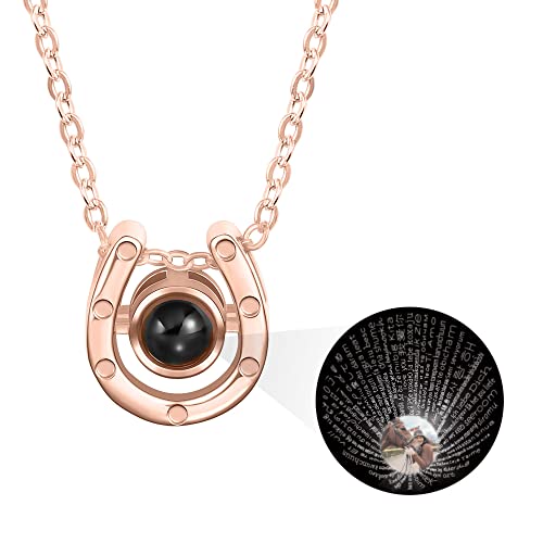 AILIN Custom Horseshoe Necklace For Women Brass/925 Sterling Silver Lucky Personalized Horse Photo Projection Necklace I Love You 100 Languages Memorial Horse Picture Pendant Birthday Chritmas Gifts3