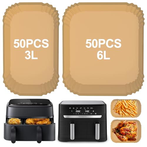 Airfryer Backpapier 6L/3L für Philips Airfryer Dual Basket 3000/5000 Series Heißluftfritteuse Backpapier für Tefal 5.2L/3.1L Dual Easy Fry 100 Stück Luftfritteusen Zubehör