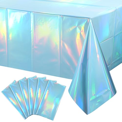 Image of 6 Pack Iridescent Light Blue Tablecloth for Parties, Pastel Blue Holographic Plastic Table Cover, Disposable Laser Baby Blue Table Cloth for Birthday Wedding Baby Shower Party Decorations, 54x108 Inch