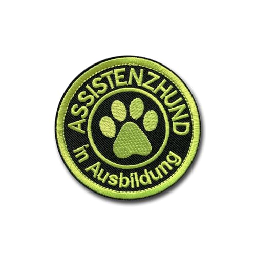 ZEROMEK Klett Patch ASSISTENZHUND In Ausbildung - schwarz/neongelb - bestickt, 8 cm – runder Aufnäher mit Klett für Hunde