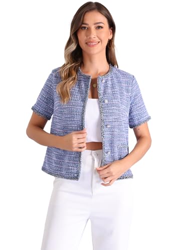 Allegra K Chaqueta de Tweed para Mujer Cuello Redondo Manga Corta Blusa Vintage Azul Púrpura M