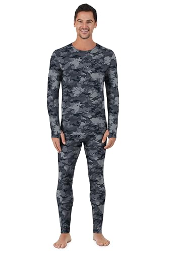 Cuddl Duds Mens Heavyweight Fleece Lined 2 Piece Thermal Underwear Set Long Sleeve Shirt & Leggings Base Layer for Cold Weather Winter Clothing Long Johns Lounge Sets for Men Black Camo XL
