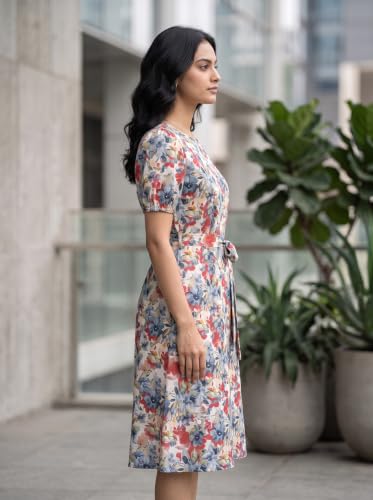Image of HELLCAT Women Floral Fit & Flare Midi Dress | Round Neck, Puff Short Sleeve, Waist Tie-Up Belt | Casual Brunch Wear, Western One Piece, A-Line Long Frock, Summer Party Outfit