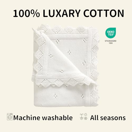 Image of mimixiong Cotton Baby Blanket Knitted Crochet Receiving Crib | Nursery Swaddling Blankets for Newborn Baby Boy Girl Off White 30x40 Inch