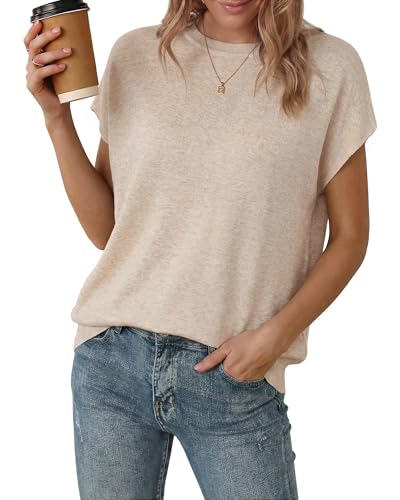Arach&Cloz Womens 2026 Cap Short Sleeve Spring Summer Sweaters Cashmere Wool Blend Lightweight Crew Neck Oversized Top Business Dressy Casual Blouse Teacher Outfits Old Money Clothes Fashion Apricot S