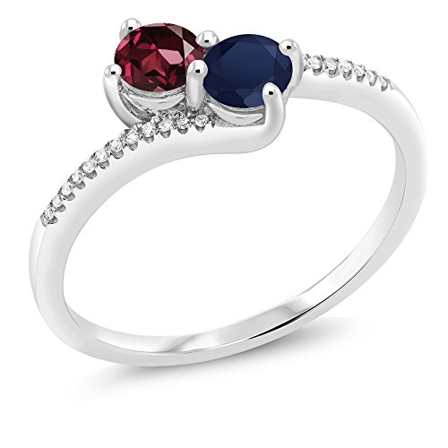 Gem Stone King 10K White Gold Forever United 2 Stone Red Rhodolite Garnet and Blue Sapphire and Diamond Engagement Ring For Women (0.90 Cttw, Round, Avaiable in Size 5,6,7,8,9)