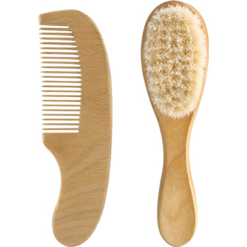 SHOWERORO Baby Hair Brush Set 2pc Wool Brush Wooden Comb Gentle on Scalp Perfect for Baby Shower Travel Kit