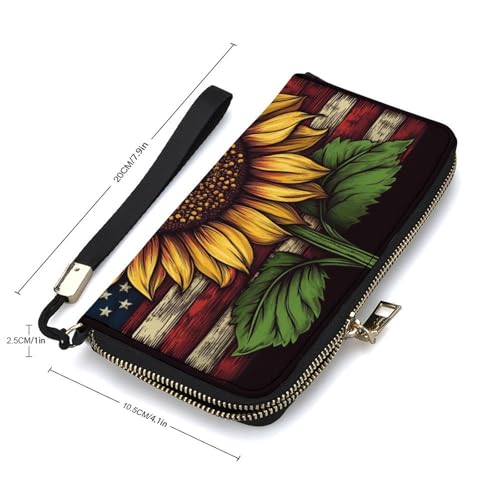 Yellow Sunflower with An American Flag PU Leather Clutch Long Bifold Wallet, Coin Purse Credit Pass Case, Durable Card-Holder Money Storage for Women Men2