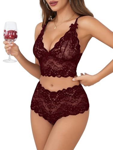 Image of Lilosy Sexy Lingerie for Women Lace Pajamas Set Cami Bra and Panty High Waist Sheer Sleepwear 2 Piece 2XS-6XL