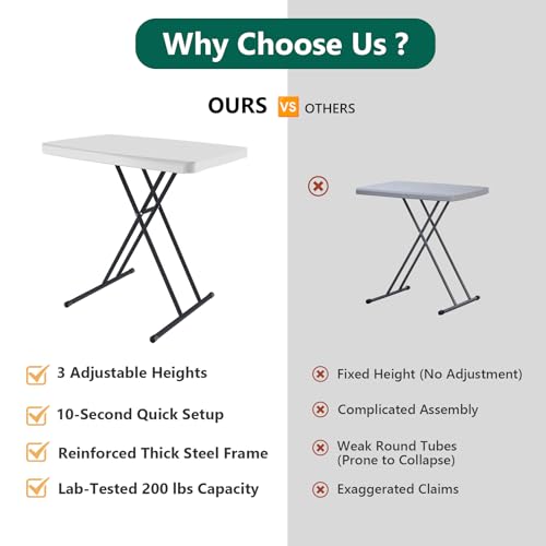 FurniEdge 30 Inch Adjustable Height Folding Table, Heavy Duty Foldable Utility Table for Laptop, Dining, Small Spaces, No Assembly, 80lbs Capacity, White Granite - Thumbnail 4