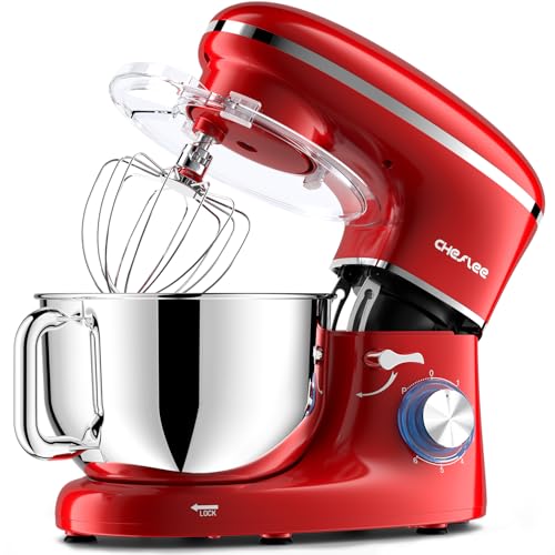 CHeflee Stand Mixer,600W 6+P With 6.5QT Stainless Steel Bowl,Dough Hook, Wire Whip & Beater,for Most Home Cooks,Red