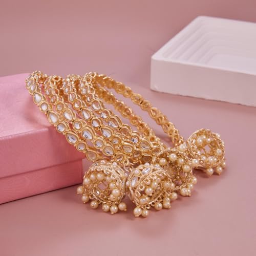 Image of Gold Plated Kundan Bangle Set for Women | Teardrop Stone Bangles with Pearl Beaded Latkan Charm Ethnic Wedding Jewellery | Bangle Set of 4 for Women & Girls