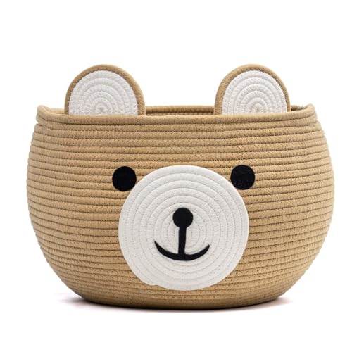 Panier de rangement enfant en forme d’ours en corde de coton, panier à jouets rond avec poignées cachées, panier de rangement doux pour chambre d’enfant, salle de...