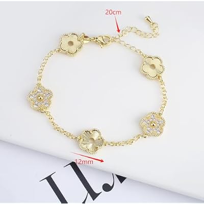 14K Gold Filled Clover Lucky Bracelet For Women - Double Sided Stone Plant Five Leaf Flower Adjustable Zircon Bracelet, Clover Bracelet, 4 Leaf Clover Bracelet (Gold - Clover Bracelet)