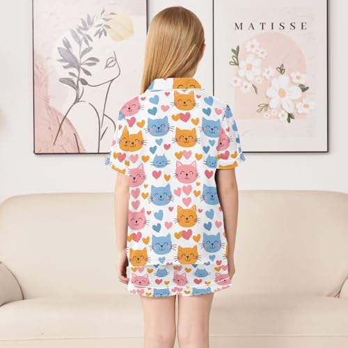 ALAZA Cartoon Cat Love Heart Satin Pajamas Set Short Sleeve Button Down Sleepwear Summer Pjs 2 Piece4