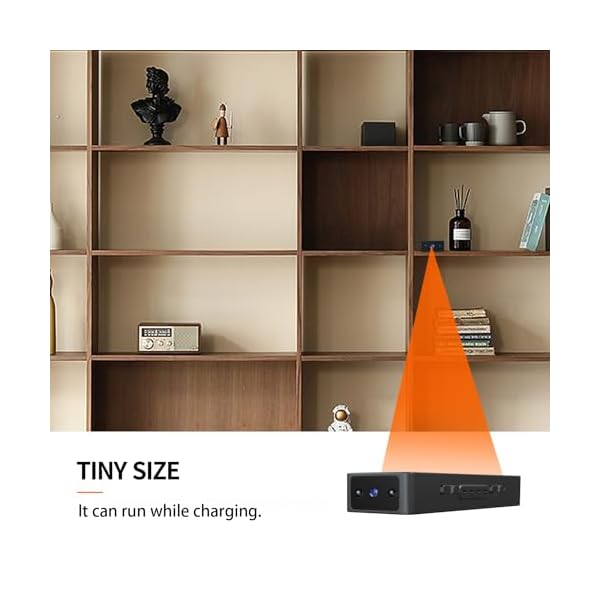 Compact device projecting on bookshelf, charging functionality highlighted.