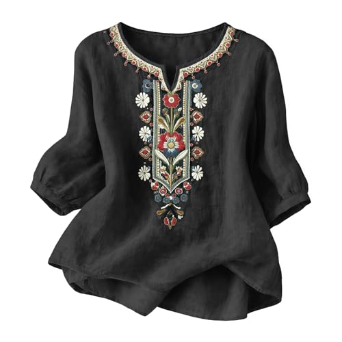 Natural Fiber Clothing for Women Embroidered Tops for Women 3/4 Sleeve Boho Cotton Linen Shirts Plus Size V Neck Tunic Peasant Clothes Black XL