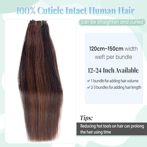 Image of Aubrun Brown Highlights Weft Hair Extensions Human Hair Weave Extensions Dark Brown Balayage Auburn Brown Highlight Sew in Hair Extensions Real Human Hair Wefts 20 Inch Hair Wefts Weave Bundles 100G
