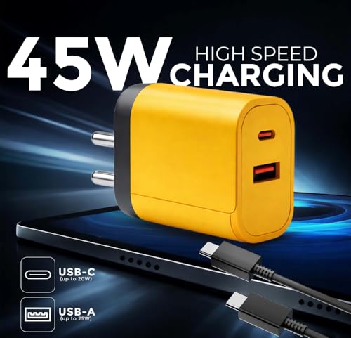 Image of Premium 45W GaN (USB & Type-C) Dual Port Super Fast Charger, Power Delivery 3.0 & USB-A Fast Charging Adaptor with Type-C to C Braided Cable for iPhone, Android & Other Type C Devices (Yellow)