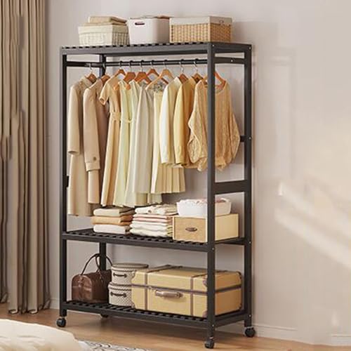 Perchero de madera con ruedas con estantes – Organizador portátil de armario para almacenamiento de dormitorio, pasillo