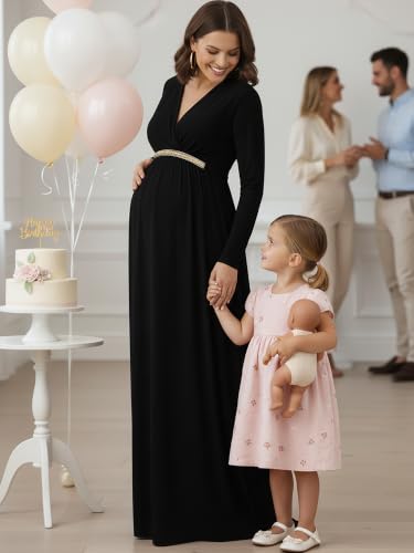 Image of KOH KOH Womens Maternity Long Sleeve V-Neck Flowy Winter Maxi Dress Gown