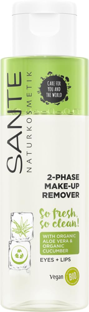 Sante Naturkosmetik 2-fazowy zmywacz do makijażu, usuwa makijaż oczu i ust, delikatny i uspokajający, z ekstraktem z bio-ogórków, usuwa wodoodporny makijaż, wegański, 110 ml