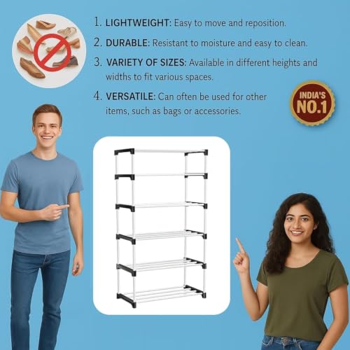 Image of Shoe Rack 6 Layer with Shelf, Thick Strong Pipes for Heavy Load Multipurpose Organizer Rack Shoe, Cloth & Book Storage Shelf for Home, Balcony, Living Room & Workspace