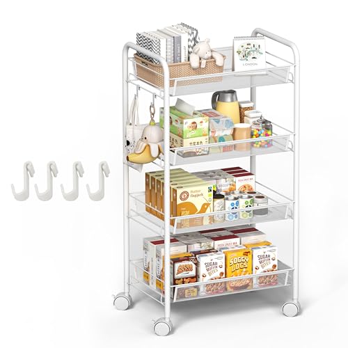 maxplore Carrello in metallo, 4 piani, carrello da cucina con manici, ruote bloccabili, per soggiorno, bagno, cucina, ufficio, bianco