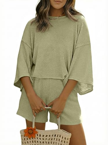 Image of Tankaneo Womens Short Sets 2 Piece Outfits 3 /4 Sleeve Tops and Elastic Waist Shorts Lounge Set Casual Loungewear