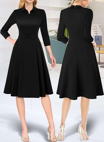 VFSHOW Womens 2024 Business Work Office Collar V Neck Bow Belted Pockets Buttons Slim Vintage Fit and Flare A Line Dress2