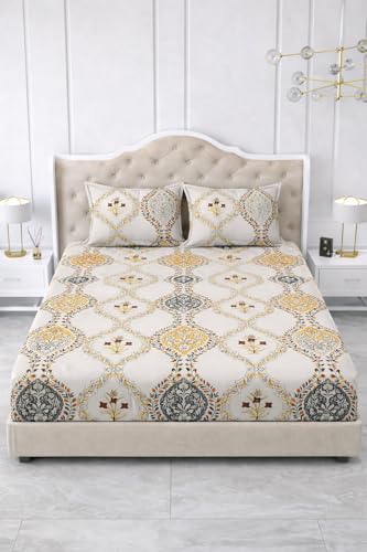 Image of 300 TC Cotton Feel Glace Cotton Elastic Fitted Bedsheet for King Size Double Bed | Fits up to 8 Inch Mattress | Printed Bedsheet with 2 Pillow Covers (White&Yellow, King Size - 72 inchx78 inch)