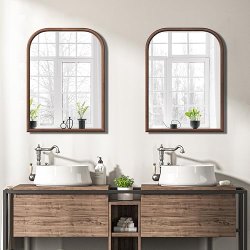 Image of 24 inchx32 inch Arch Wall Mirror for Wall, Wall Mounted Vanity Mirror for Bedroom, Wood Grain Finish Frame Mirror with Tempered Glass, Vintage Decorative for Bathroom, Entryway, Living Room, Walnut
