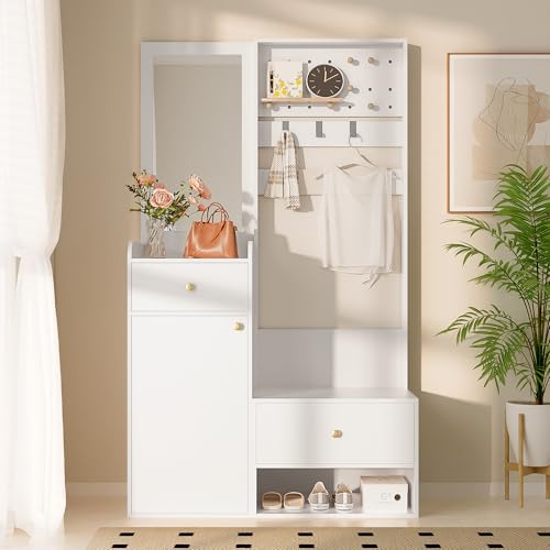 Moimhear Armario compacto, estante de entrada, 105 x 38 x 180 cm (ancho x profundidad x alto), con espejo, ganchos ajustables y espaciosos estantes para zapatos y objetos pequeños (blanco)