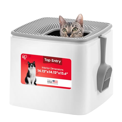 IRIS USA Large Top Entry Cat Litter Box, Hooded Privacy, White/Gray