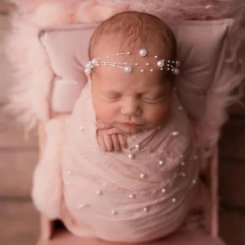 Image of Zeroest Newborn Photography Wraps Baby Photoshoot Props 33.5" x 67" Pearl Raw Edge Wrap Headband for Infant Photos Outifts