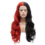 Lushy Stylish Long Wavy Half Black Half Red Mix Wig Half Hand Tied Heat Friendly Synthetic Lace...