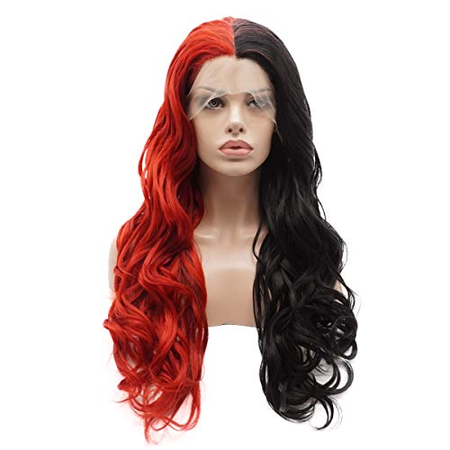 Lushy Stylish Long Wavy Half Black Half Red Mix Wig Half Hand Tied Heat Friendly Synthetic Lace Front Wig
