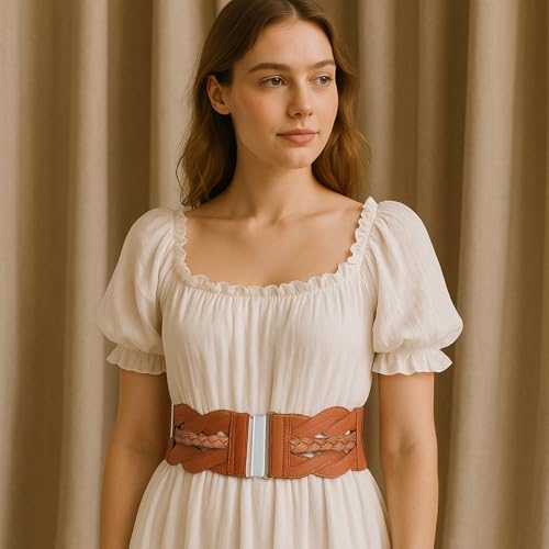 Wide Stretchy Belts for Women Vintage Brown Elastic Belt with Silver Buckle Adjustable Cinch Belt Womens Fashion Waist Belts for Dresses Coats (Wide 2.95'') 6